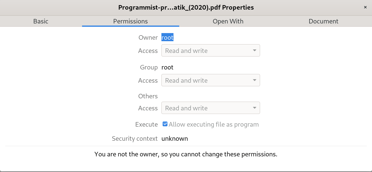 просмотр разрешений на файл, из файлового менеджера в GUI(graphical user interface)